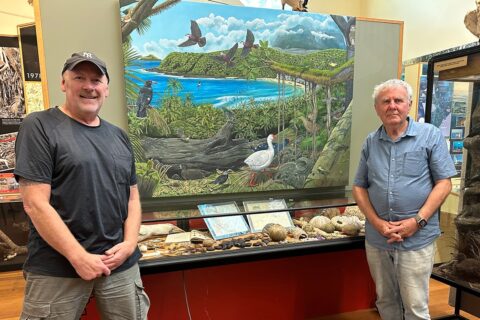 Julian Hume and Ian Hutton, in front of the new mural depicting extinct birds from Lord Howe Island.