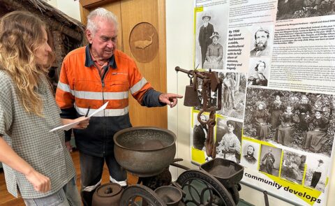 Lise Gardien discussing old farming artefacts